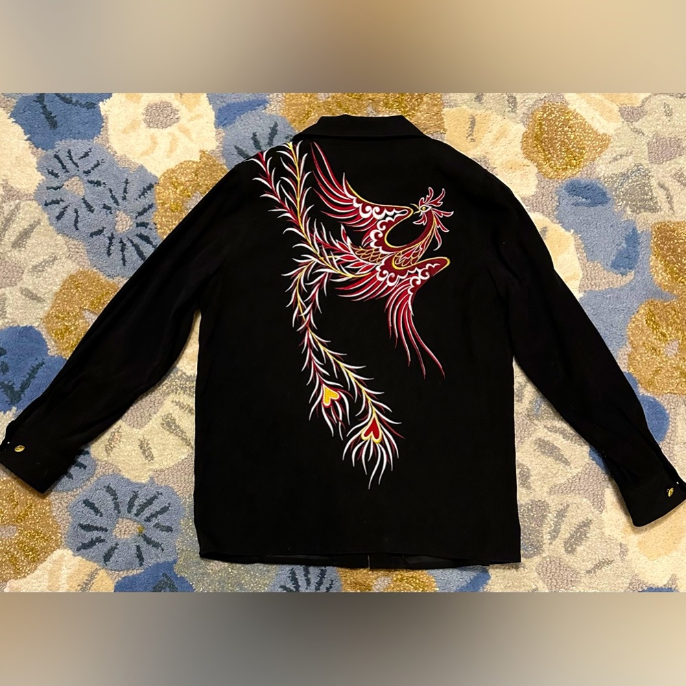 Bob Mackie Over the Shoulder Embroidered Phoenix Zipped Black Jacket - Picture 3 of 5